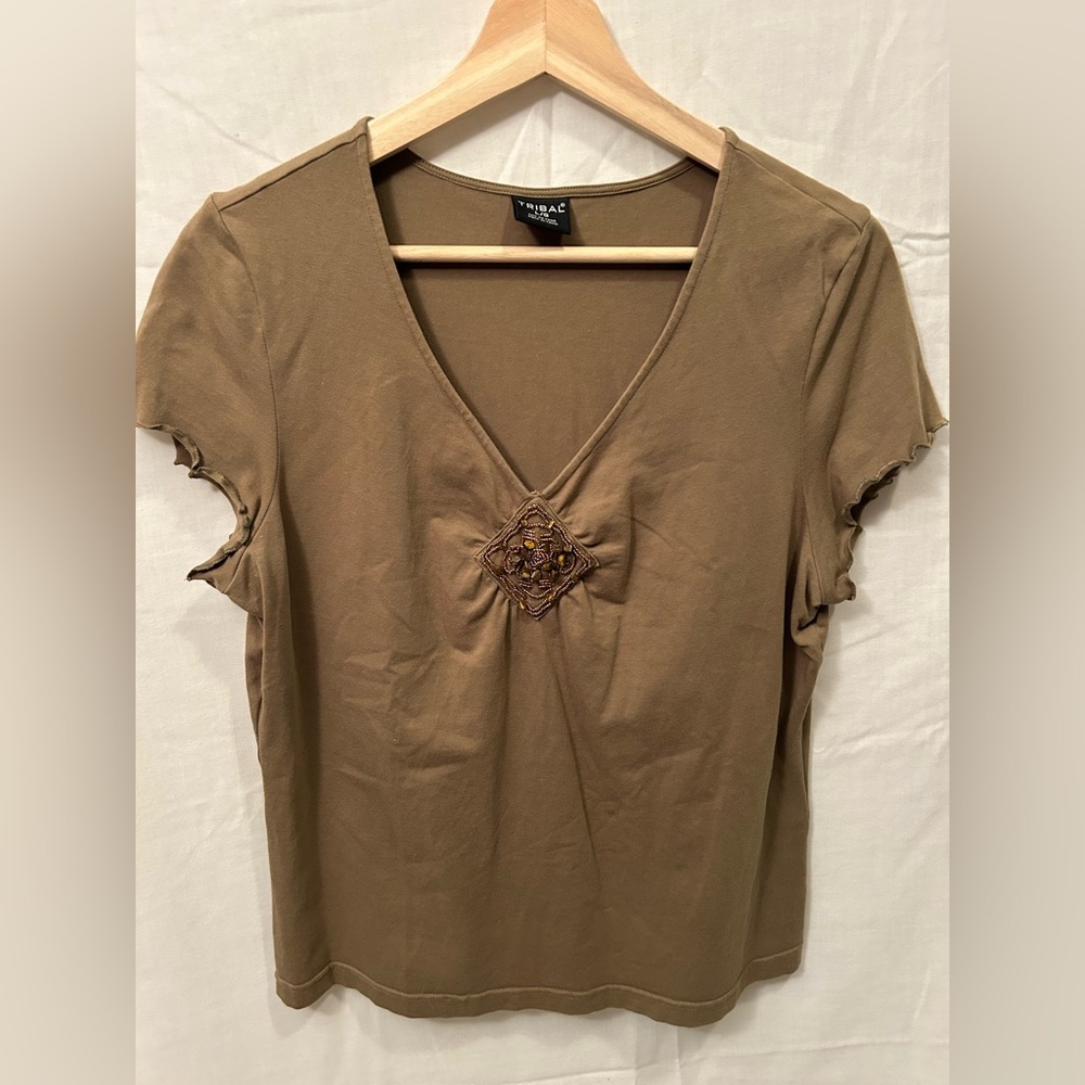 Tribal brown shirt with mini ruffle sleeves and beaded embellishment